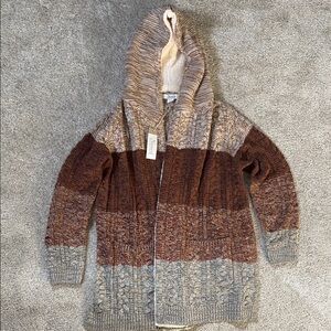 Cozy Knit Hooded Cardigan - Brown and Gray